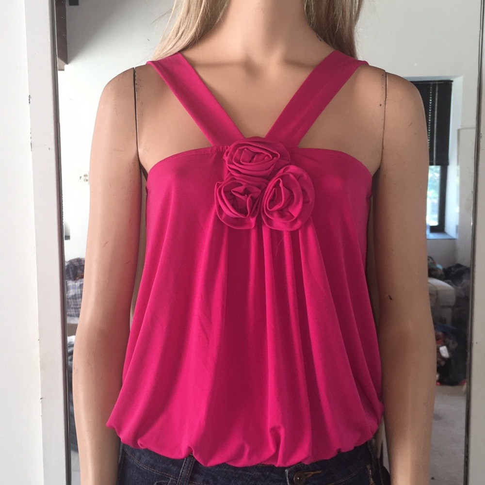 Beautiful Fuschia Flowy Tank With Fabric Rosettes